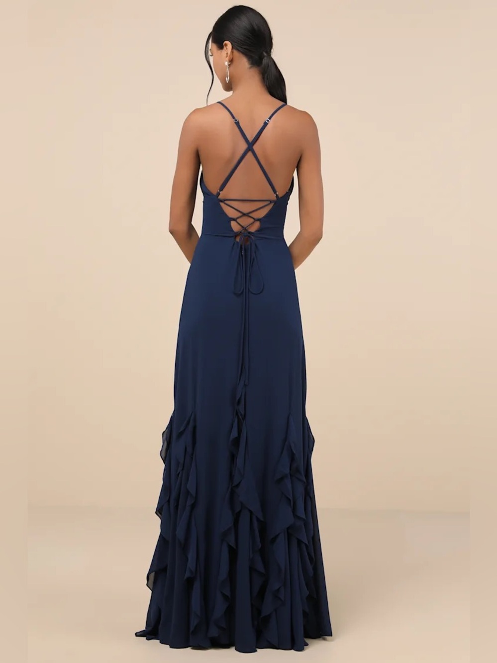 Lulus Priela Dark Navy Ruffled Lace-Up Maxi Dress Evening Gown XS NWT Prom Party - Picture 2 of 11